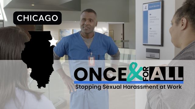 Image of employees having a conversation in the workplace with text: Chicago Once & For All:Stopping Sexual Harassment at Work