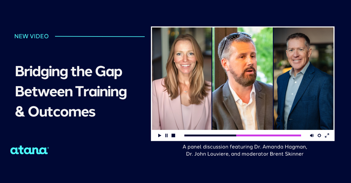 Image of 3 panelists with title, Bridging the Gap Between Training and Outcomes