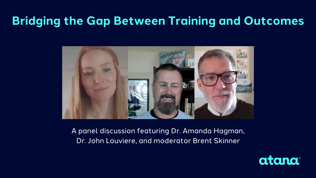 Image of 3 panelists with title, Bridging the Gap Between Training and Outcomes
