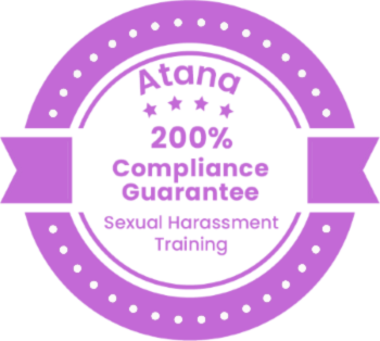Image of a stamp with text: 200% compliance guarantee, sexual harassment training